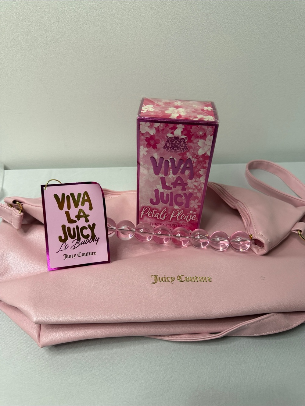 Juicy Couture Soft Pink Shoulder Bag with Beaded Handle including Perfume